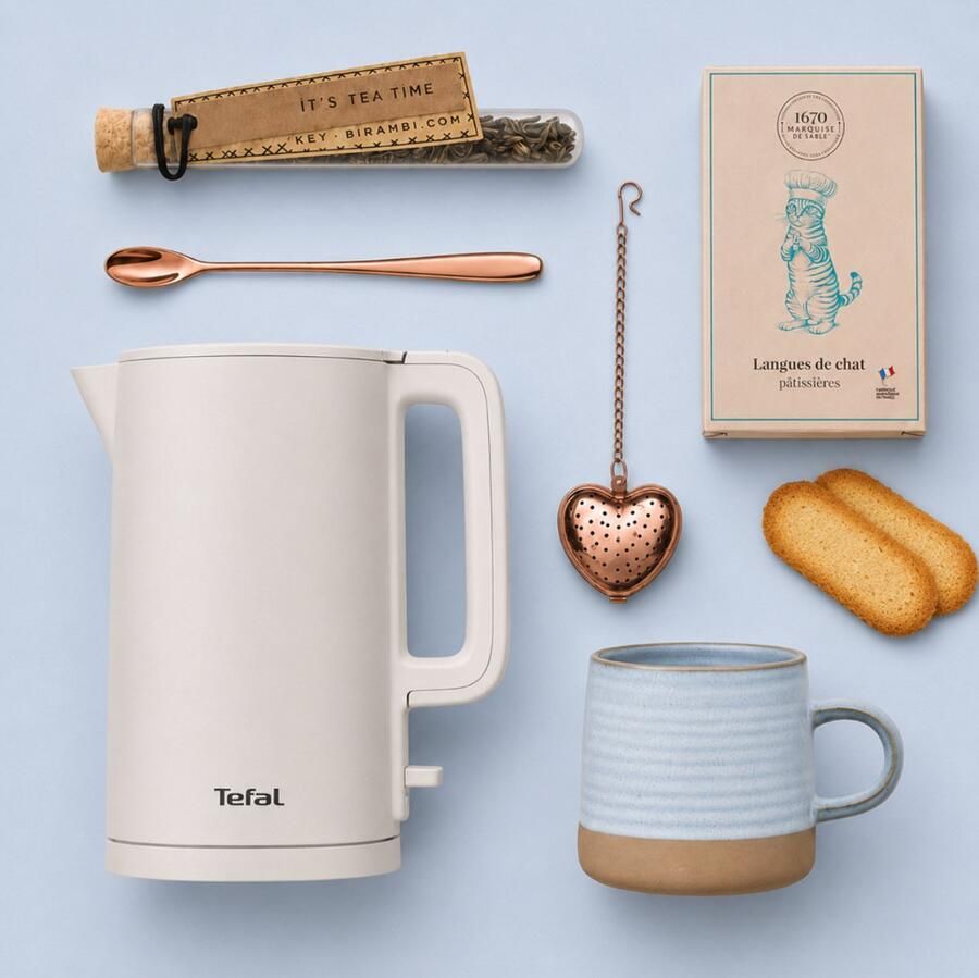 Tefal Thermo Protect KO140B Waterkoker 1 5L + 2 blauwe-bruine mokken + 2 theebuisjes + 2 lange theelepels rosé-goud + 2 thee-infusers rosé-goud CADEAUPAKKET - Foto 2
