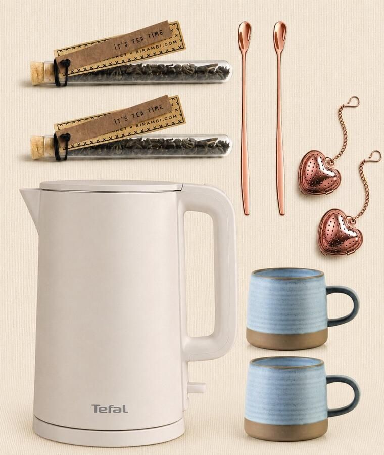 Tefal Thermo Protect KO140B Waterkoker 1 5L + 2 blauwe-bruine mokken + 2 theebuisjes + 2 lange theelepels rosé-goud + 2 thee-infusers rosé-goud CADEAUPAKKET