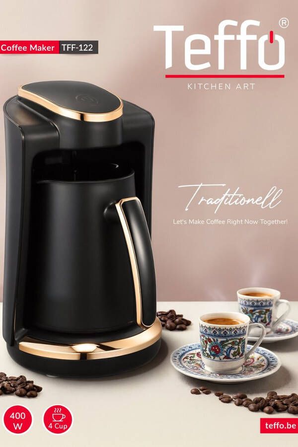 Teffo Traditionele Koffiezetter – 400W – 4 Kopjes – Zwart met Goud – Turkse Koffie