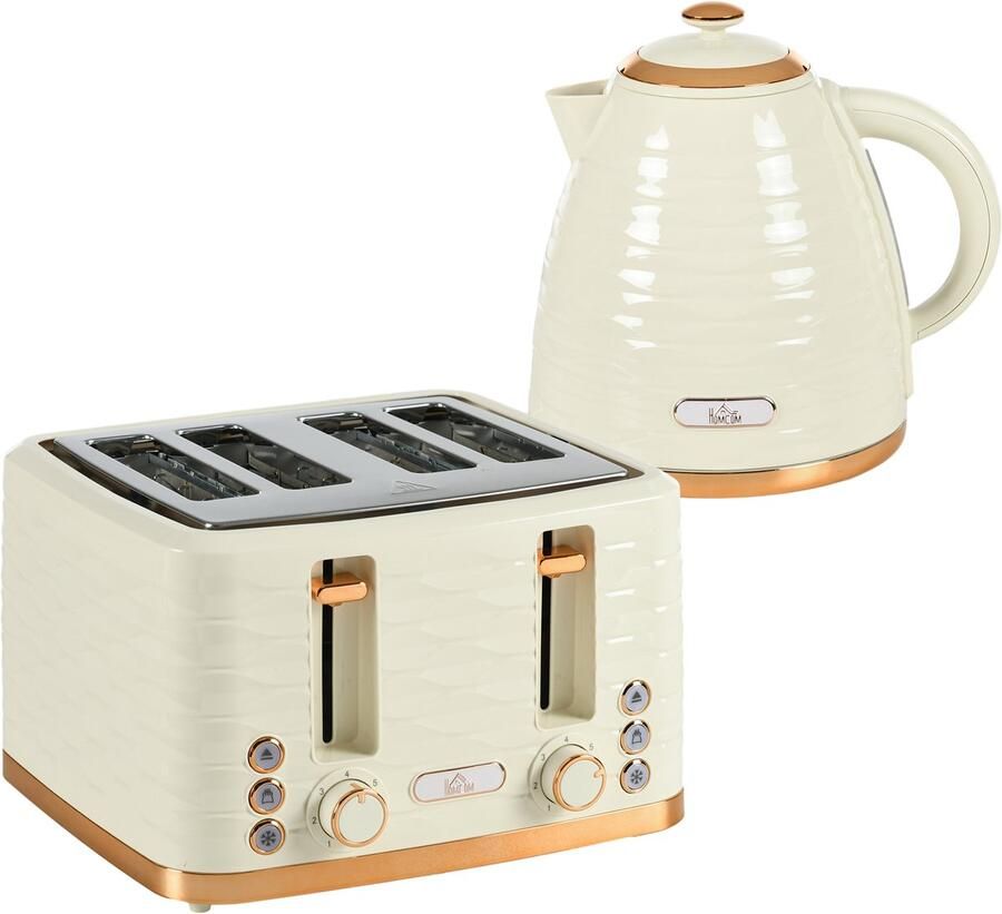 TEKROA 2-in-1 broodrooster en waterkoker set 7 bruiningsniveaus ontdooi- en opwarmfunctie beige