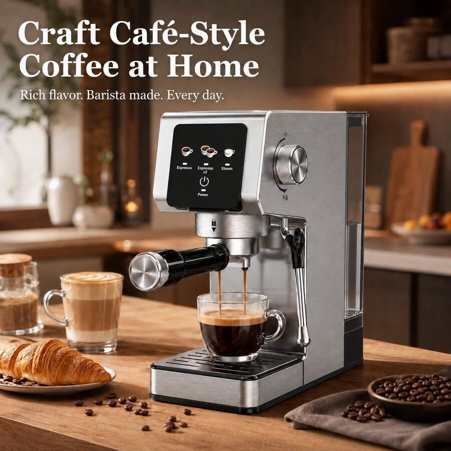 TEKROA 20-bar espressomachine met touchscreen 1350W professionele espressomachine verwijderbaar waterreservoir van 1 2 liter enkelvoudige en dubbele espresso