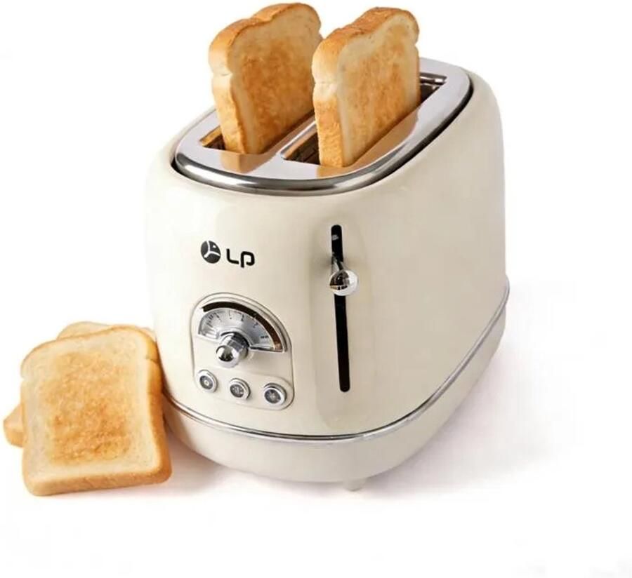 TEKROA Broodrooster 2 Brede Sleuven Retro Toaster met 6 Standen Roestvrij Staal (RVS) Ontdooifunctie Beige