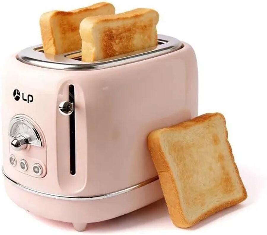 TEKROA Broodrooster 2 Brede Sleuven Retro Toaster met 6 Standen Roestvrij Staal (RVS) Ontdooifunctie roze