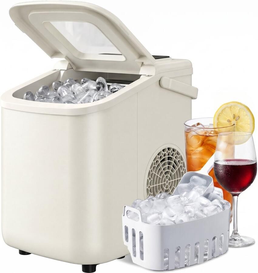 TEKROA Draagbare IJsblokjesmachine met Zelfreinigende Functie 12 kg 24u IJsschep en Mandje Beige