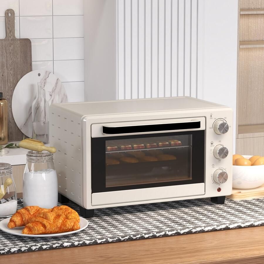 TEKROA Mini elektrische oven 21L 1400W voor op het aanrecht met timer tot 60 minuten en instelbare temperatuur tot 230℃ Crème