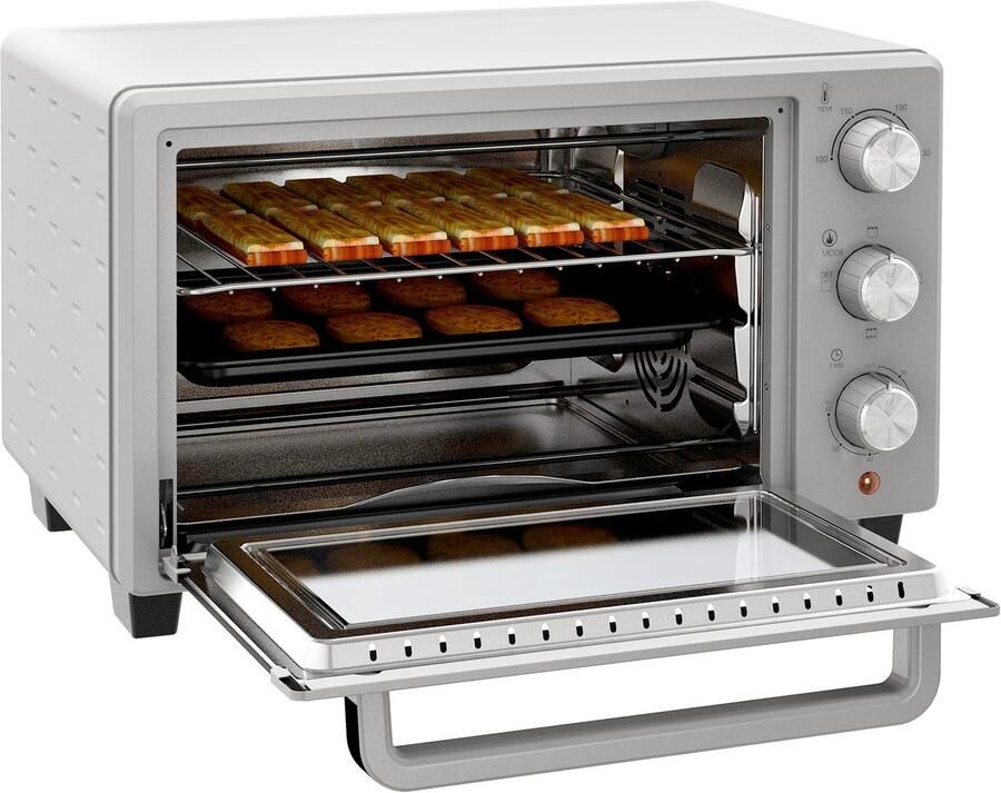 TEKROA Mini elektrische oven 21L 1400W voor op het aanrecht met timer tot 60 minuten en instelbare temperatuur tot 230℃ Zilver