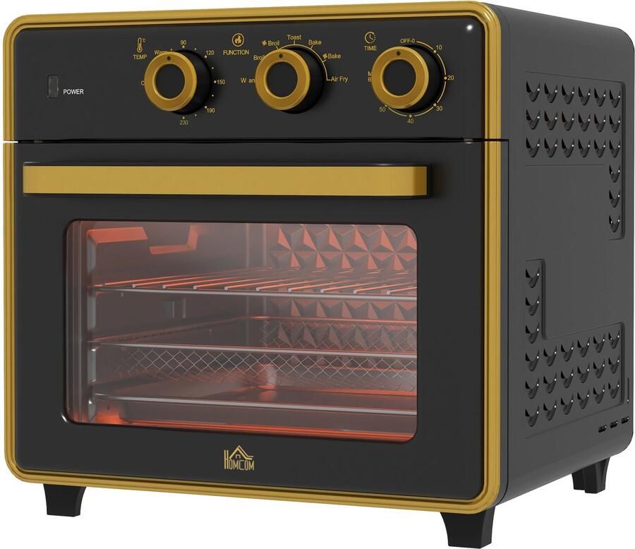 TEKROA Mini-oven 20 liter frituren zonder olie grillen bakken hetelucht 90-230 °C timer 1400 W zwart+goud