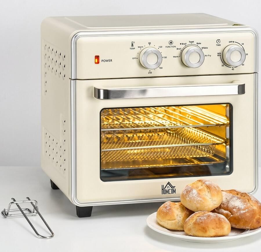 TEKROA Mini Oven 20 Liter Vrijstaand Elektrische Heteluchtoven 1400W met Airfryer Functie & Accessoires Crème