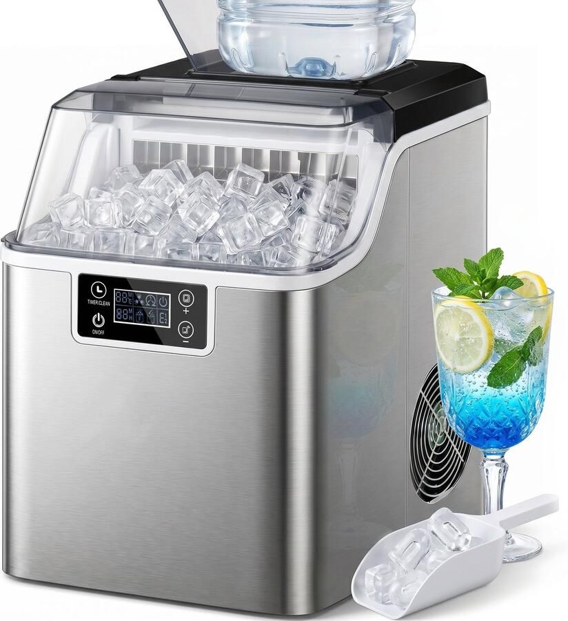 TEKROA Professionele IJsblokjesmachine RVS 24 IJsblokjes in 14-18 min 20kg 24u Zelfreinigend LCD Scherm 3.2L Reservoir