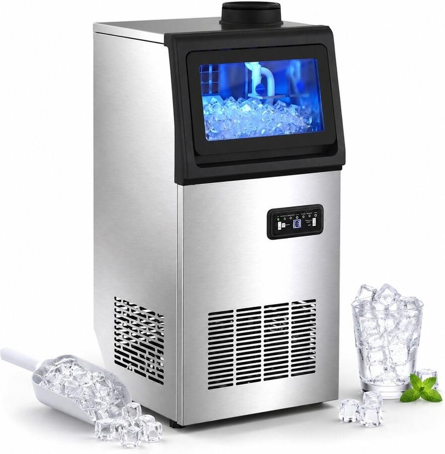 TEKROA Professionele IJsmaker 45 kg 24u Roestvrij Staal (RVS) Vrijstaand & Onderbouw IJsblokjesmachine IJsmachine Geschikt voor bars restaurants of kantoren Zilver