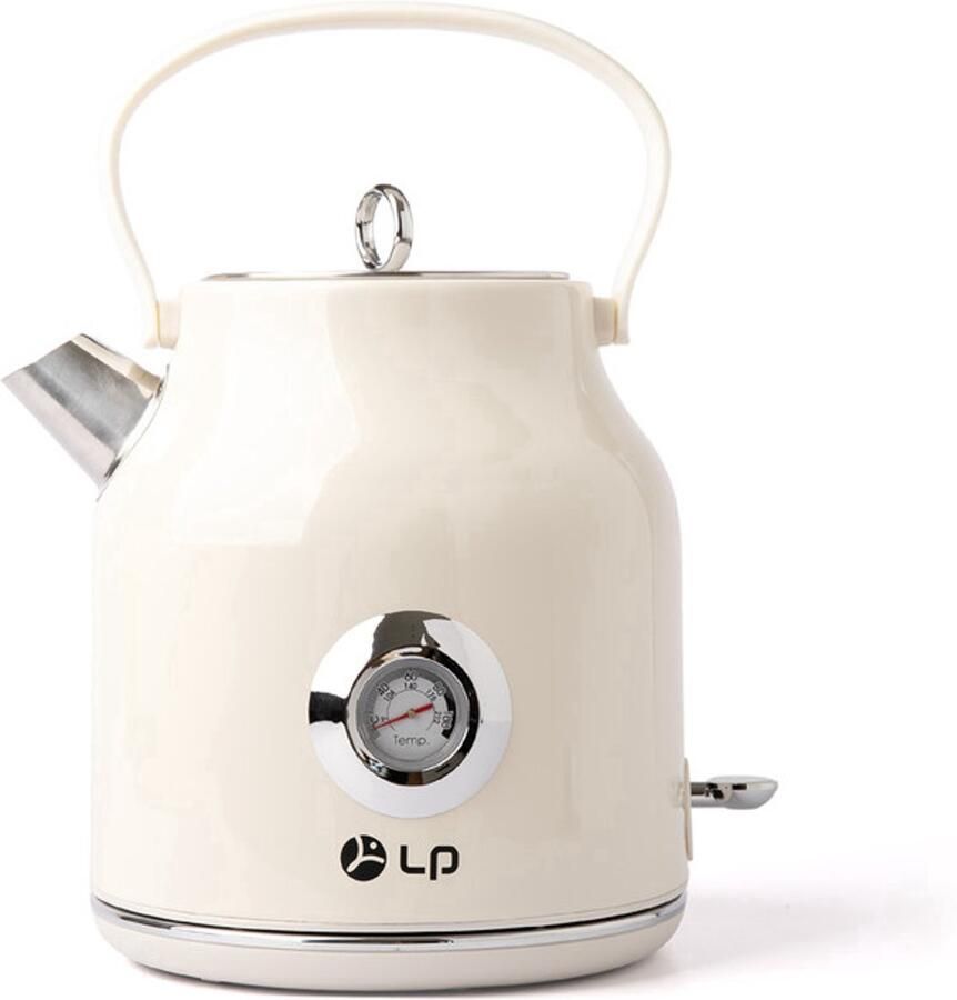ECTEATOY Retro elektrische waterkoker van 1 7 liter (304 roestvrij staal) Voedselveilige binnenbekleding Grote thermometer + waterniveau-indicator + LED-indicator Automatische uitschakeling om droogkoken te voorkomen Wit