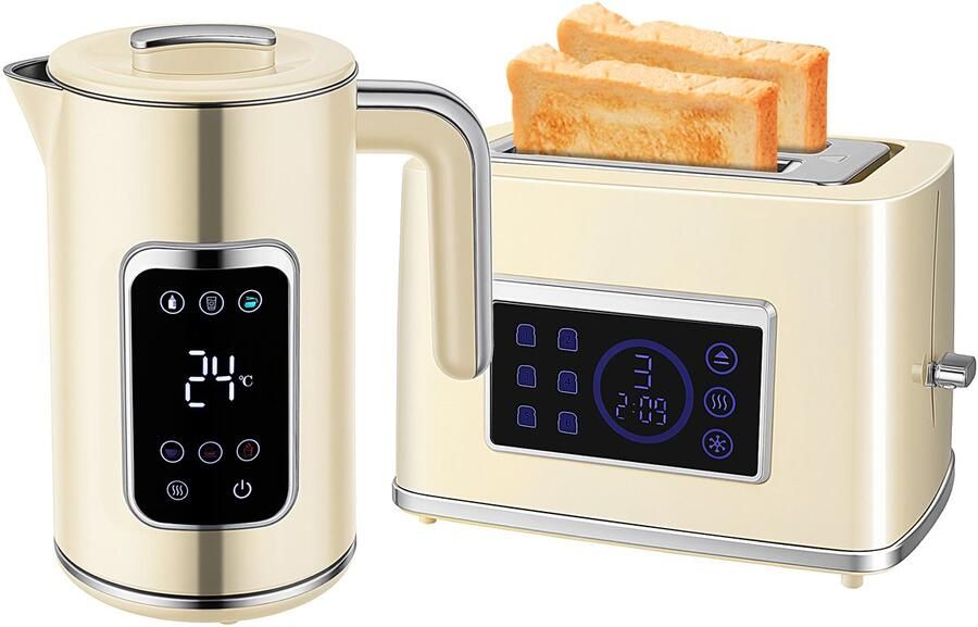 TEKROA Waterkoker Broodroosters Tweedelig set LED-display waterkoker van 1 7 liter (2200 W) broodrooster met brede sleuven voor twee sneetjes crèmekleurig