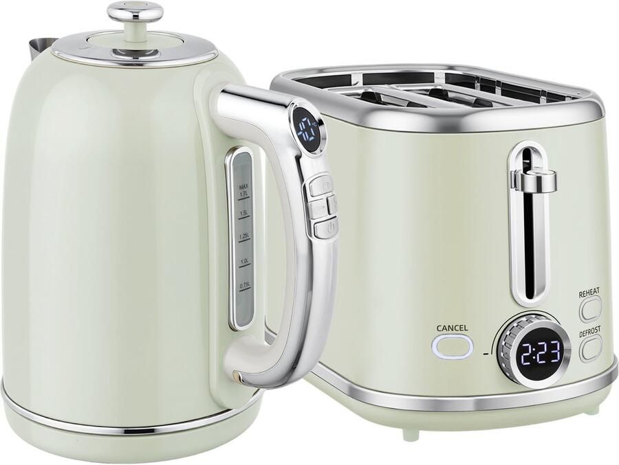 TEKROA Waterkoker en broodrooster set 1 7 liter roestvrijstalen waterkoker (2200W) en 2-sneden broodrooster grijs - Foto 2