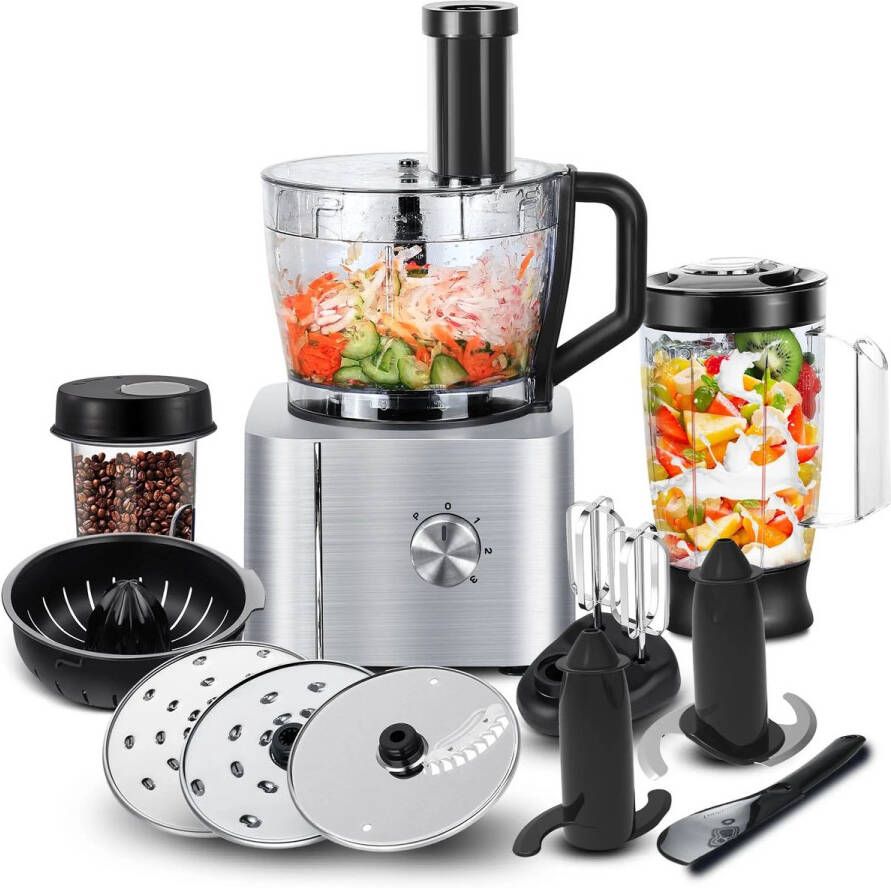11-in-1 Keukenmachine – 1100W 3 2L Mengkom + 1 5L Blender – Alles-in-één Keukenhulp Grijs TELEO