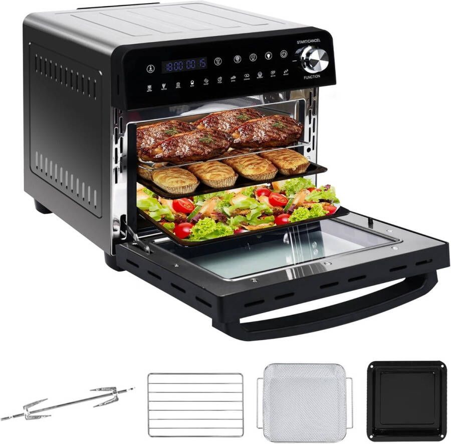 TELEO XXL Heteluchtfriteuse – 14 Liter – Multifunctioneel 11-in-1 – Airfryer Oven Grill Rotisserie & Voedseldroger– LED Touchscreen met Draaiknop – Inclusief Accessoires – Zwart RVS