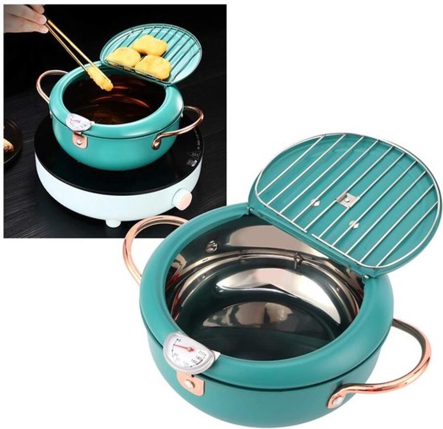 Tempura friteuse potthermometer frituurpan met thermometer Japanse roestvrijstalen garnalenolie friteuse pan voor inductiekookplaat diepgroen
