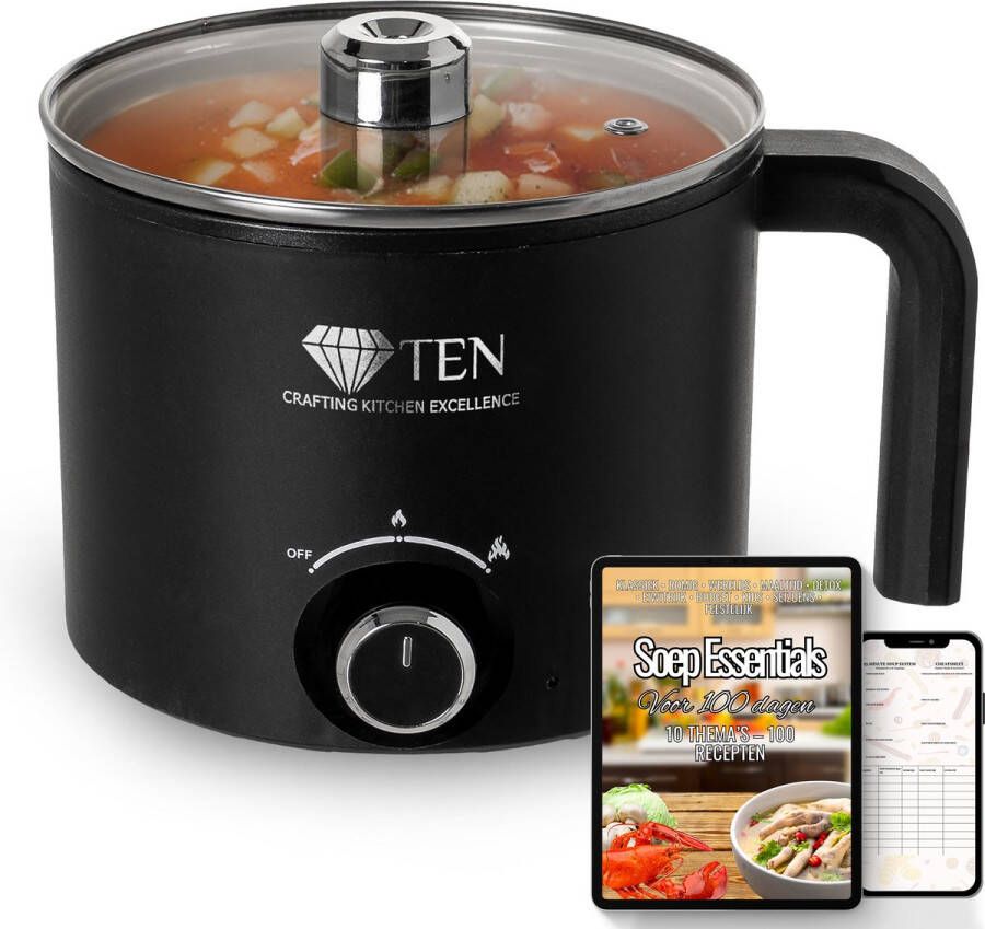 Ten Mini Soepmaker Hotpot 1.8L Elektrisch – Soupmaker 200W 600W + 100 SOEPGERECH Digitaal Recep boek Zwart