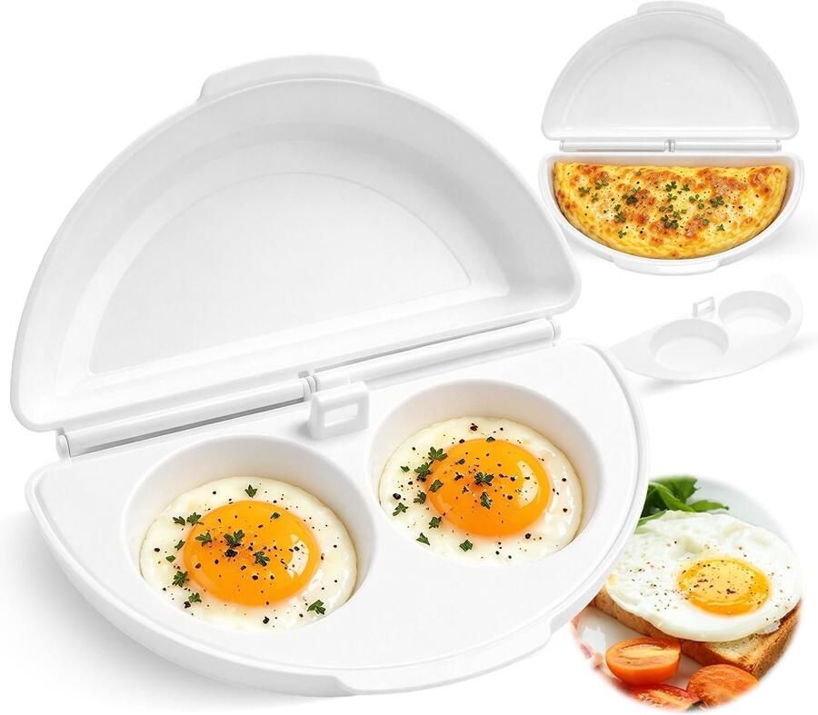 TENGYIF Magnetron Eierkoker Omeletmaker Eipocheerder Snel Ontbijt Maken Eierstoompan Eipocheerder 2-in-1 Design- Kook Er Twee Tegelijk Magnetron-Eierkoker Met 2 Holtes Eierkoker Egg Poacher Keukengereedschap 21 x 12 x 5 cm Wit