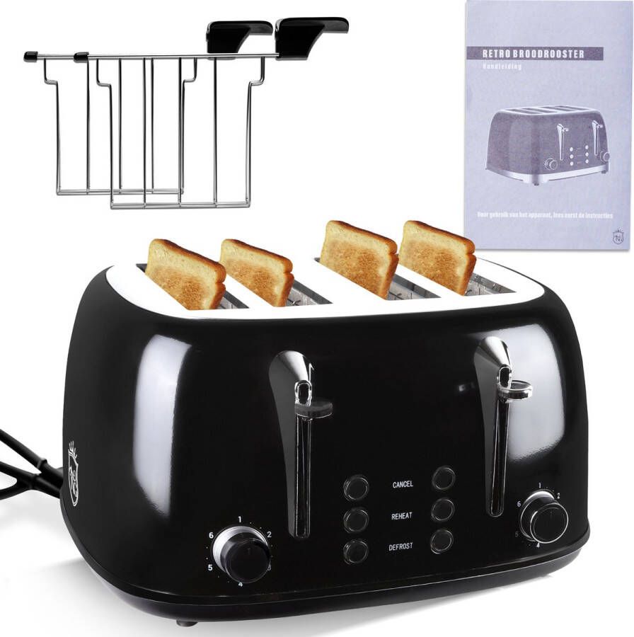 The Kitchen Guild Broodrooster met 4 tostiklemmen – Tostiapparaat Toaster 6 Warmteniveaus – Incl. E-Book Tosti Recepten – 1630W – 4 Extra Brede Sleuven – Zwart - Foto 2