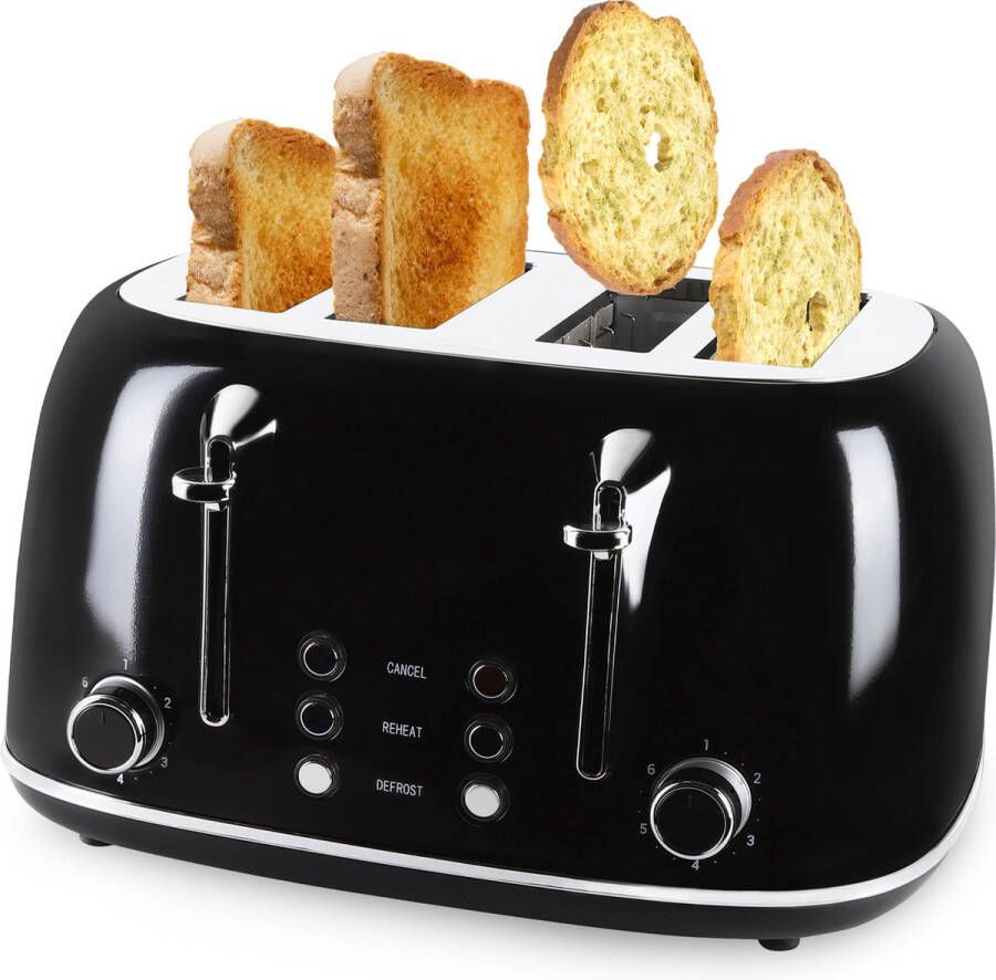 The Kitchen Guild Broodrooster met 4 tostiklemmen – Tostiapparaat Toaster 6 Warmteniveaus – Incl. E-Book Tosti Recepten – 1630W – 4 Extra Brede Sleuven – Zwart