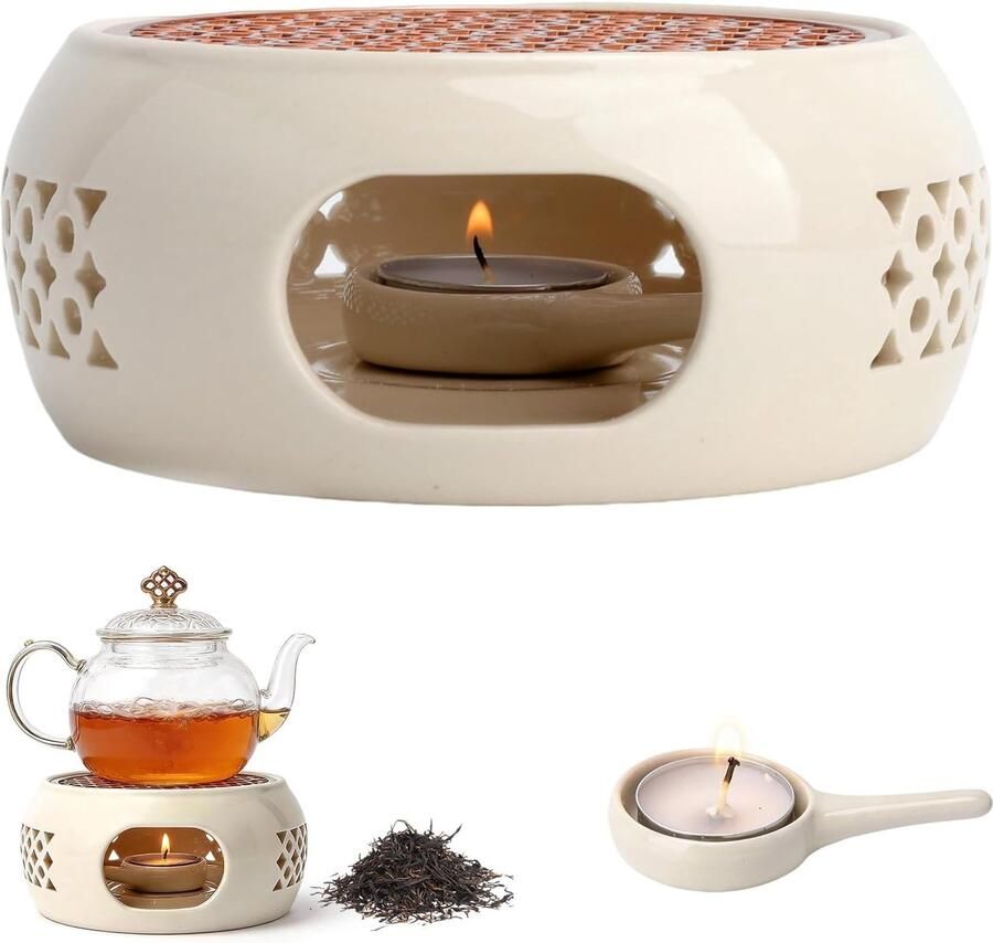 Theeverwarmer Wit 15 cm Keramische Theepotverwarmer met 10 Theelichtjes Voor Thee en Koffie