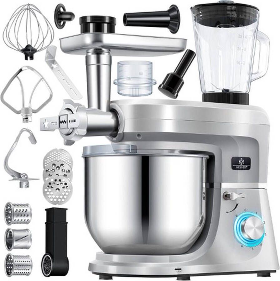 Thuys Luxe Keukenrobot – 3 in 1 Keukenmachine – Foodprocessor – Keukenmixer – Worstenmaker – Snijmachine – Raspen – Deegmachine – 1.5L – 1700W – Zilver