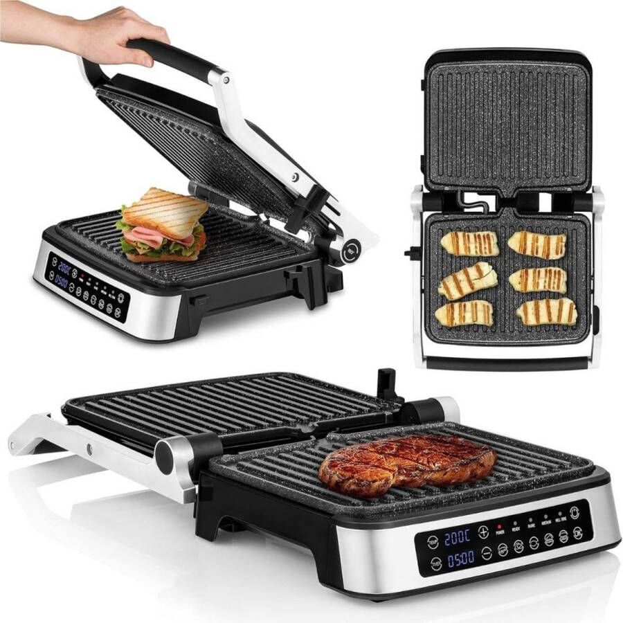 Thuys – Tafelgrill Contactgrill – 180° Inklapbaar – Wafelijzer Met Antiaanbaklaag – 2 – in – 1 Grill Apparaat – Sandwich Maker Met Lekbak – Panini Grill