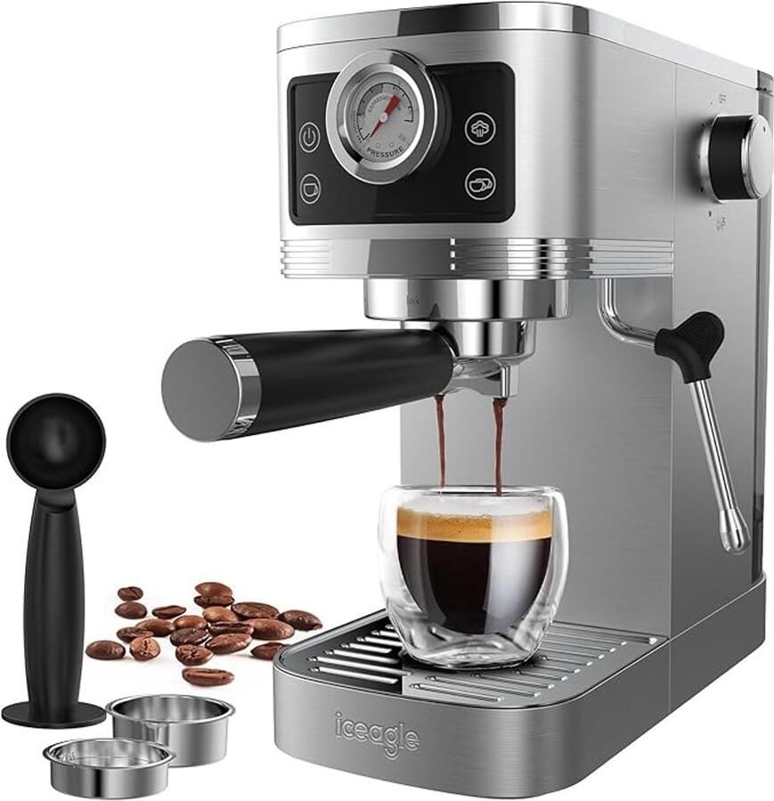 Thuys Espressomachine 20 Bar met Melkopschuimer – RVS Espresso Filtermachine – Italiaanse Ulka-pomp – Touchscreen met Drukweergave – 1350 W – 1 3 L – Voor Espresso Cappuccino & Latte