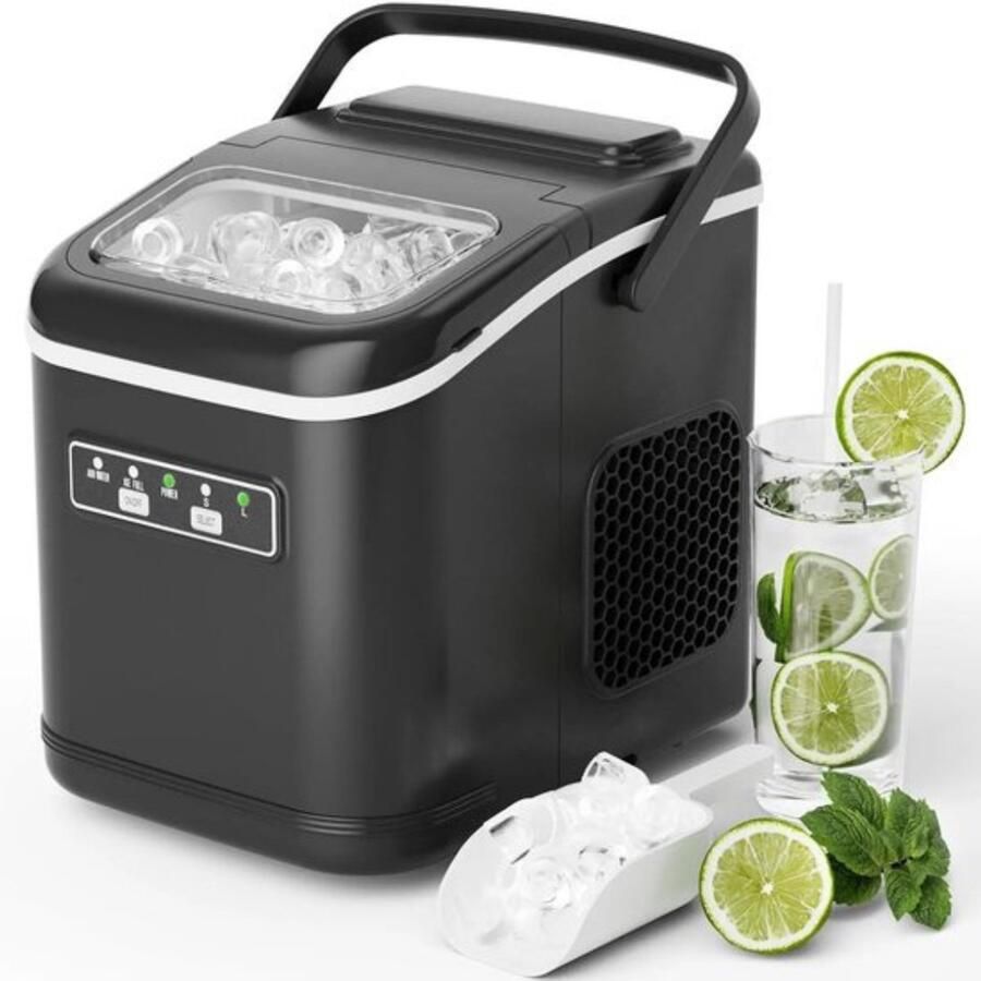 Thuys Ijsmachine 12kg 24u – Zelfreinigend – Compacte ijsblokjesmaker met Mand & Schep – 9 ijsblokjes klaar in 6 minuten Zwart