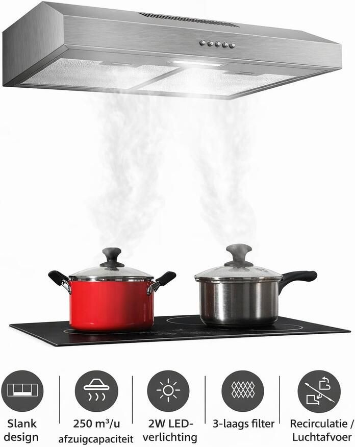 Tieasy Sensova 60 cm onderbouw afzuigkap met recirculatie en afvoer naar buiten krachtige 250 m³ u afzuigcapaciteit energieklasse C stille werking tot 55 dB roestvrijstalen design met LED-verlichting en aluminium vetfilter voor moderne keukens