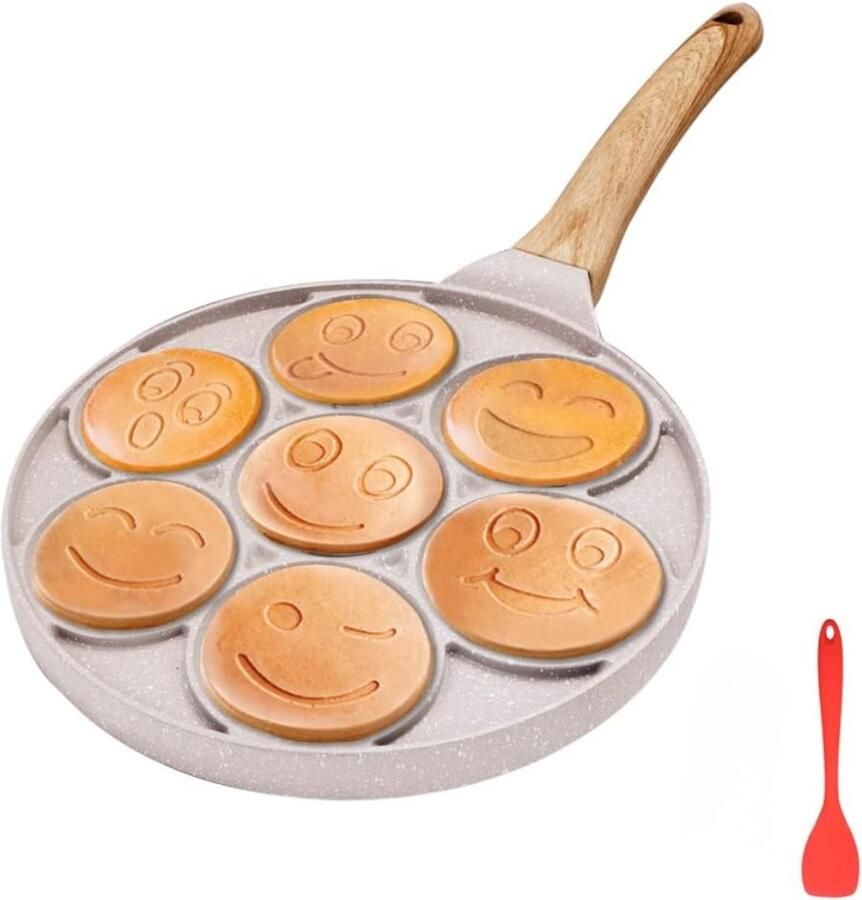 TIM. TIM Poffertjespan Gietijzeren pan Voor inductie electrisch Poffertjes maken Met Anti Aanbaklaag – Pannenkoekenmaker – 7 Gaten – Met Smiley Gezichten Wit 46cm x 27cm x 7cm