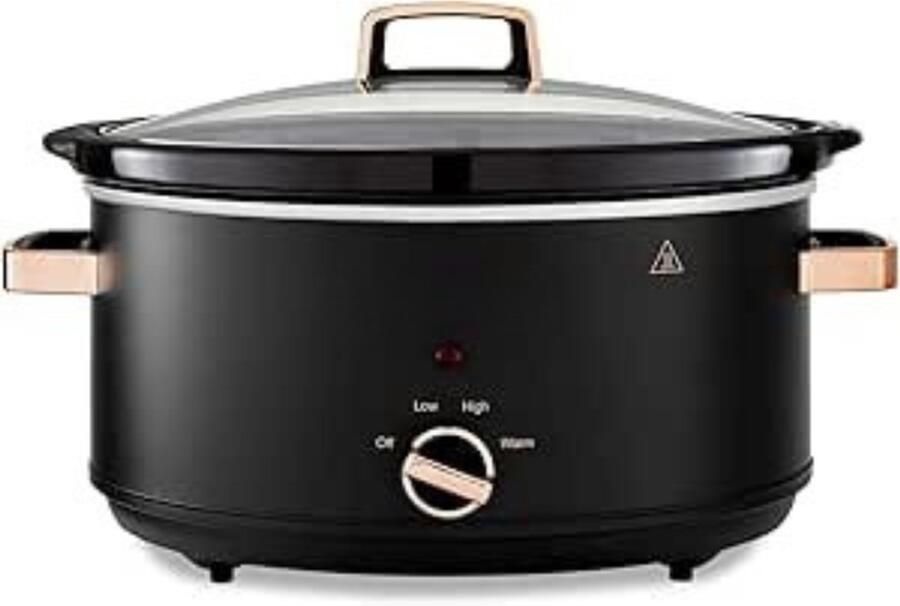 TIM. TIM Slowcooker met Timer Crockpot Snelkookpan Inclusief Warmhoudfunctie 6 Liter Zwart Roségoud 30cm x 42cm x 26cm