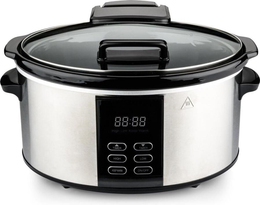 TIM. TIM Slowcooker met Timer Crockpot Stoompan Inclusief Warmhoudfunctie 6 Liter Zilver Zwart 40cm x 32cm x 24cm