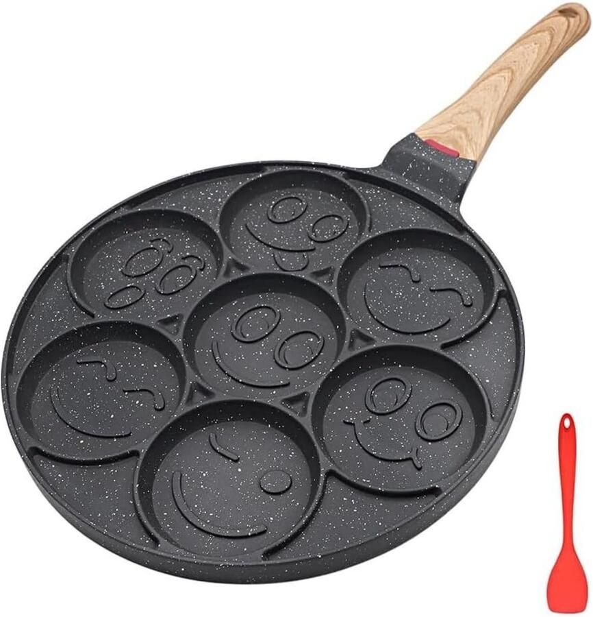 TIM. TIM Smiley Face Pannenkoekenpan Antiaanbaklaag 7 Gaten Mini Pannenkoekmaker Kinderen Inductie Compatibel Zwart 46cm x 27cm x 7cm