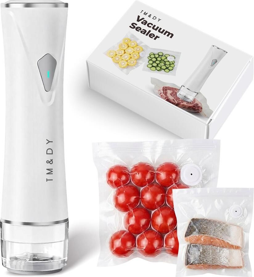 TM&DY Automatische Vacumeermachine Vacuümpomp – USB Oplaadbaar – Voedsel Vershoud systeem – Lekvrij – BPA Vrij Voor Koelkast & Vriezer Incl 30 Herbruikbare Vacuümzakken