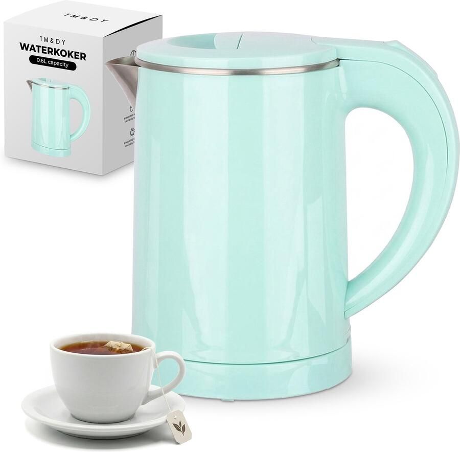 TM&DY MIni Waterkoker 0 6 Liter – 600W – Reis Waterkoker Dubbelwandige Isolatie – RVS Binnenwerk – Camping Waterkoker Automatische Uitschakeling – Mintgroen