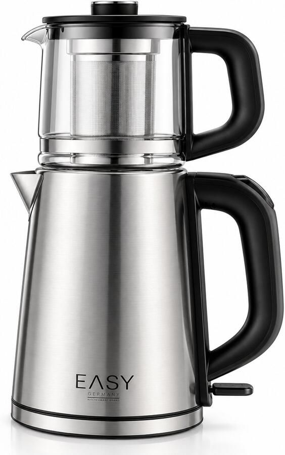 Tobeyz Easy Çaymola Elektrische Theemaker Turkse Theezetter & Waterkoker 2-in-1.8L RVS + 1.0L Glazen Theepot 2200W Strix Controller Warmhoudfunctie Zilver