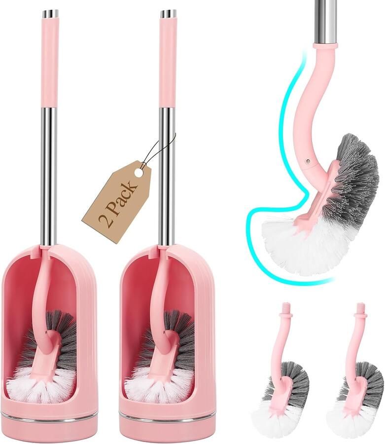 Toiletborstel met houder gebogen borstel met randreiniger roze