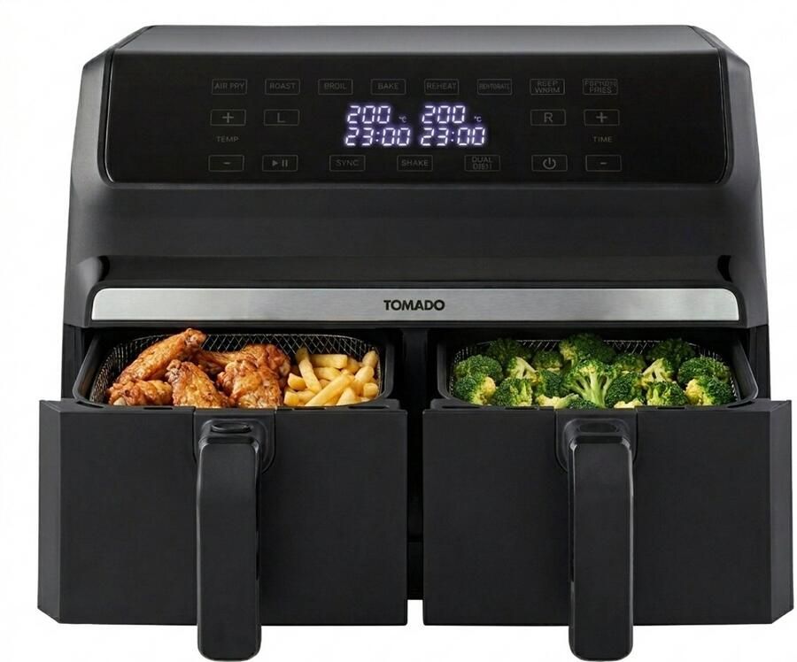 Tomado TAF8001B Dubbele airfryer – Heteluchtfriteuse 2 x 4 liter inhoud 1700 watt Tiptoetsbediening 8 automatische programma's Zwart
