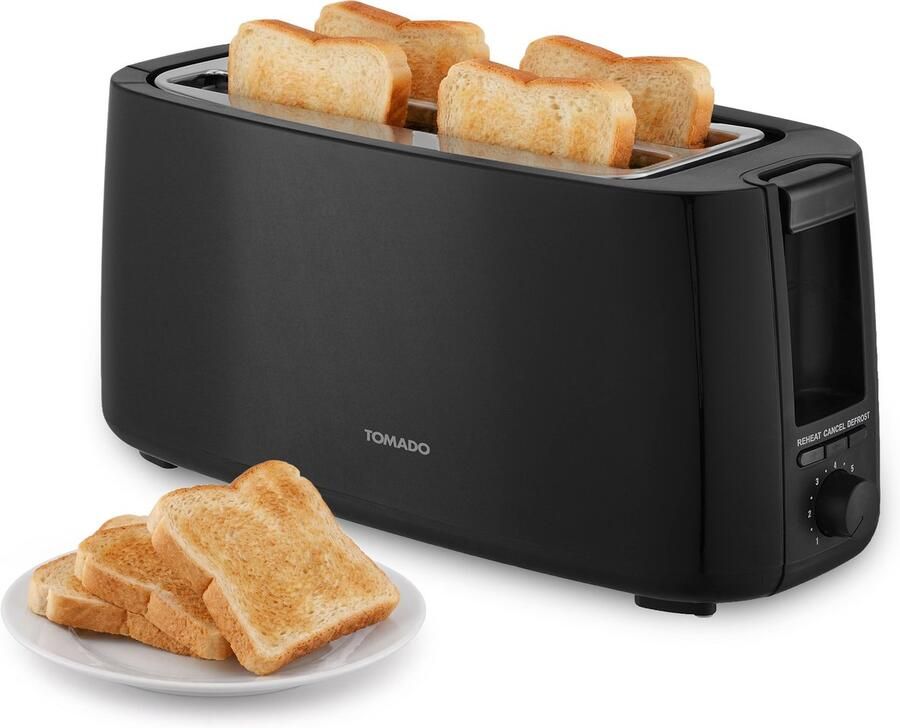 Tomado TBT4000B Broodrooster Voor 4 sneetjes Toaster Grote broodrooster 7 standen 1400W Kruimellade Zwart