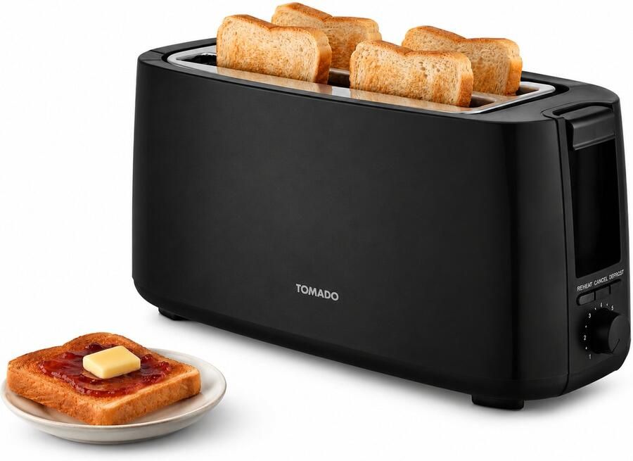 Tomado TBT4000B Broodrooster Voor 4 sneetjes Toaster Grote broodrooster 7 standen 1400W Kruimellade Zwart
