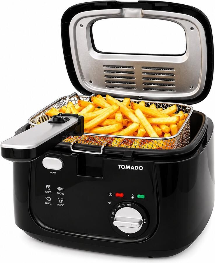 Tomado TDF2501B Frituurpan – 2 5 liter friteuse Anti reukfilter – Koele behuizing 1800 watt – Deksel met kijkvenster – Zwart