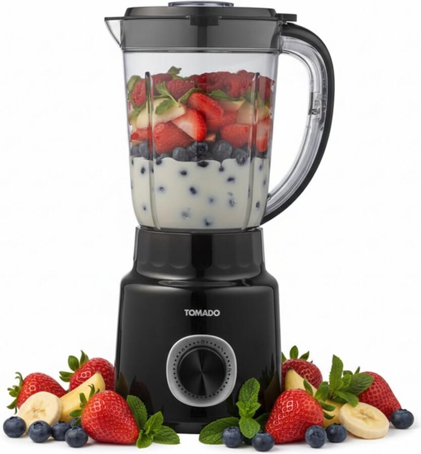 Tomado TTB1501B Blender – Smoothie maker 1 5 liter 2 snelheden 500W Pulsestand Deksel beveiliging – Zwart