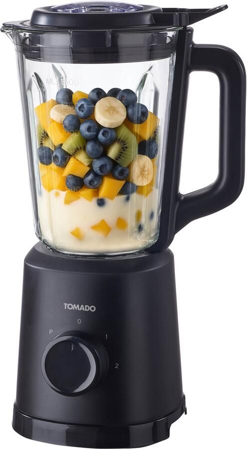 Tomado TTB1502B Blender Smoothie maker 1.5 liter Glazen kan 2 snelheden 500W Pulsestand Zwart