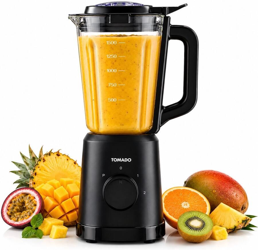 Tomado TTB1502B Blender Smoothie maker 1.5 liter Glazen kan 2 snelheden 500W Pulsestand Zwart