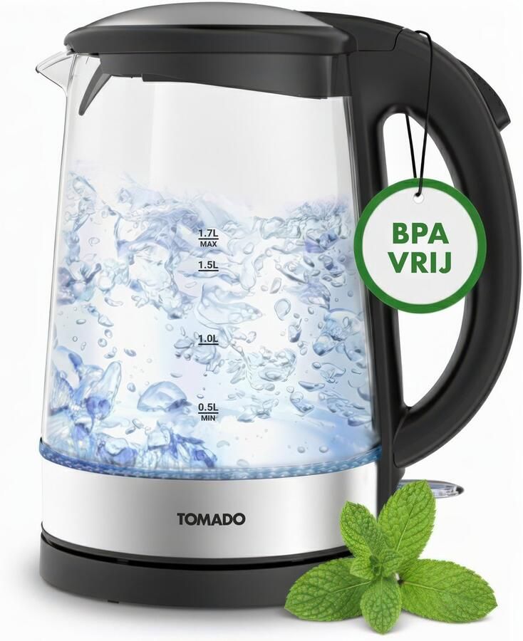 Tomado TWK1706G Glazen waterkoker 1 7 liter Blauw LED verlichting Waterniveau indicator Uitneembaar Kalkfilter 2200 watt