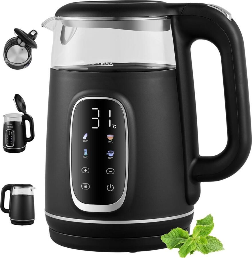 TOPCHOICE Waterkoker met Temperatuurregeling Heetwaterdispenser Warmhoudfunctie 15x15x24cm Zwart