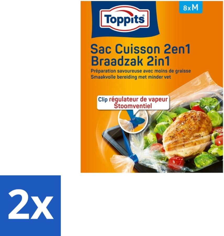 Toppits 2 x – 2-in-1 Braad- & Stoomzakken – Maat M – 8 Zakjes Braadzakken Oven Braadzakken Magnetron Gezond Koken Smaakvol Koken Vetvrij Bakken
