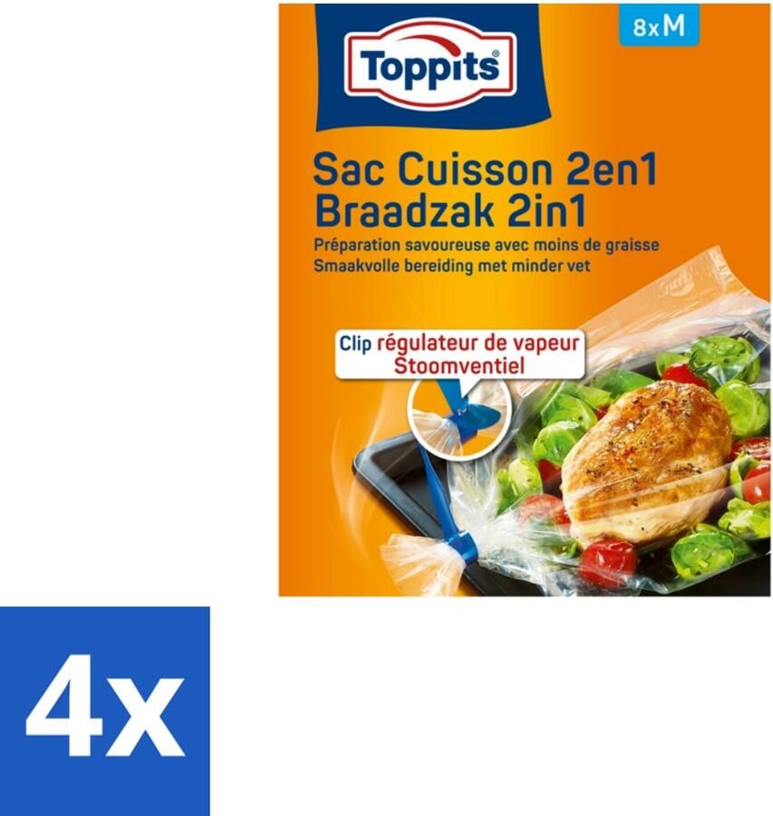 Toppits 4 x – 2-in-1 Braad- & Stoomzakken – Maat M – 8 Zakjes Braadzakken Oven Braadzakken Magnetron Gezond Koken Smaakvol Koken Vetvrij Bakken