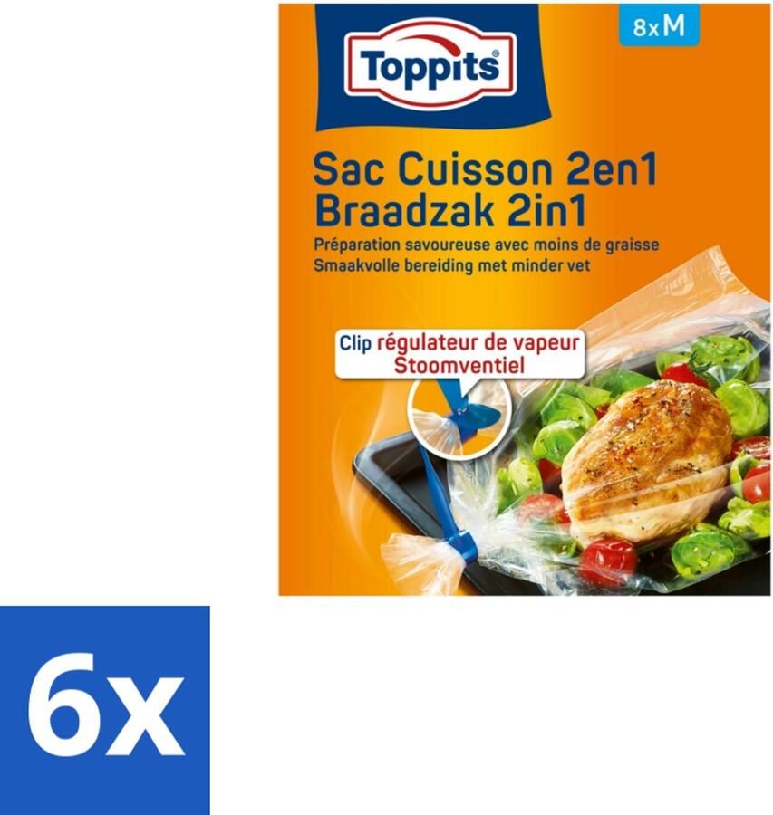 Toppits 6 x – 2-in-1 Braad- & Stoomzakken – Maat M – 8 Zakjes Braadzakken Oven Braadzakken Magnetron Gezond Koken Smaakvol Koken Vetvrij Bakken